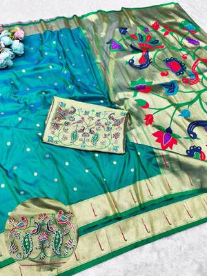 Rama zari woven paithani silk traditional saree with swarovski blouse piece 1