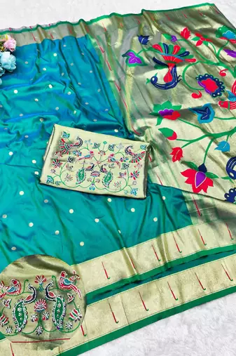 Rama zari woven paithani silk traditional saree with swarovski blouse piece