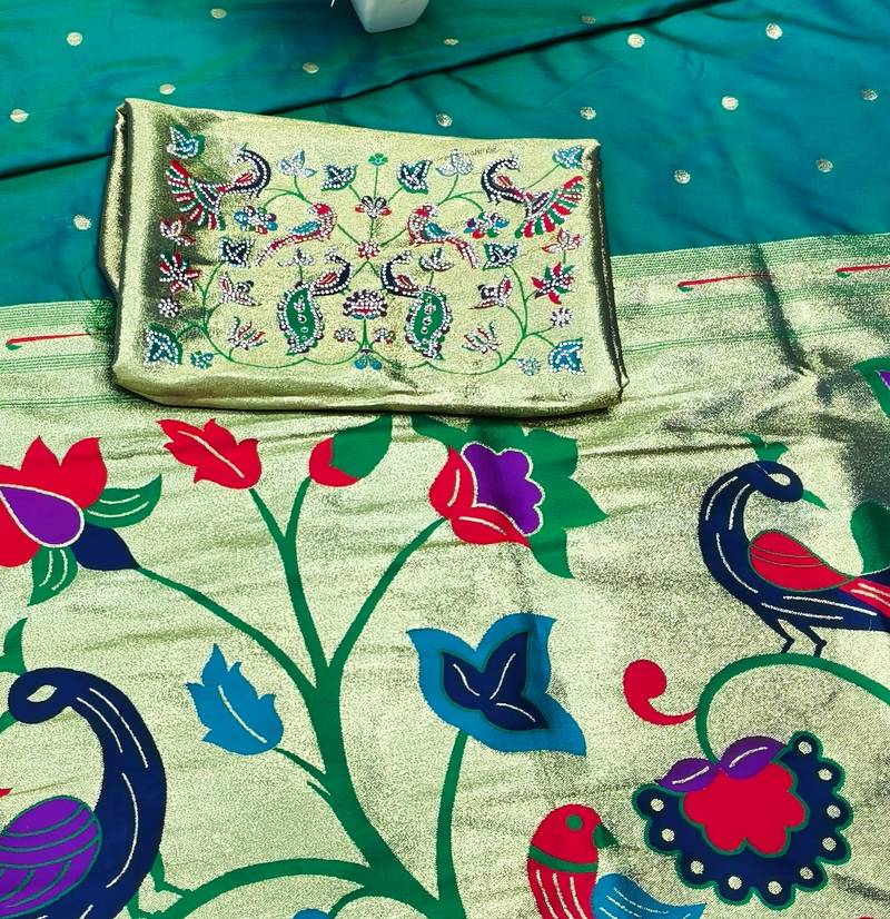 Rama zari woven paithani silk traditional saree with swarovski blouse piece
