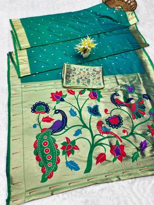 Rama zari woven paithani silk traditional saree with swarovski blouse piece 5