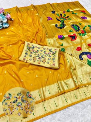 Yellow zari woven paithani silk traditional saree with swarovski blouse piece 1