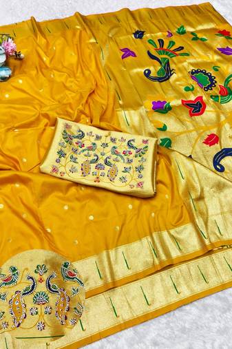 Yellow zari woven paithani silk traditional saree with swarovski blouse piece