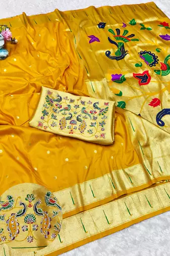 Yellow zari woven paithani silk traditional saree with swarovski blouse piece