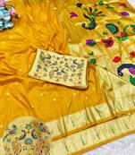 Yellow zari woven paithani silk traditional saree with swarovski blouse piece