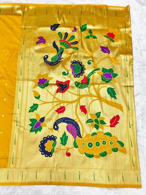Yellow zari woven paithani silk traditional saree with swarovski blouse piece 2