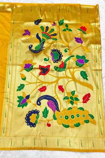Yellow zari woven paithani silk traditional saree with swarovski blouse piece