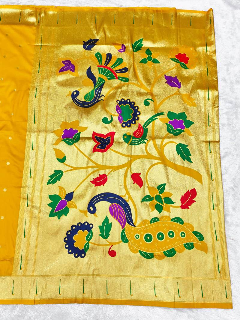 Yellow zari woven paithani silk traditional saree with swarovski blouse piece