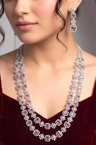 layered lavender amethyst cz necklace and earring set, indian bridal jewellery