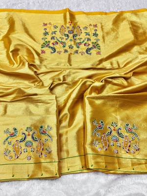 Yellow zari woven paithani silk traditional saree with swarovski blouse piece 3