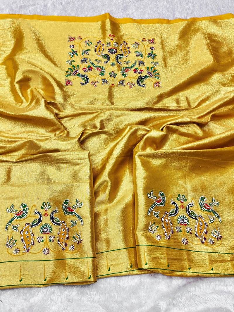 Yellow zari woven paithani silk traditional saree with swarovski blouse piece