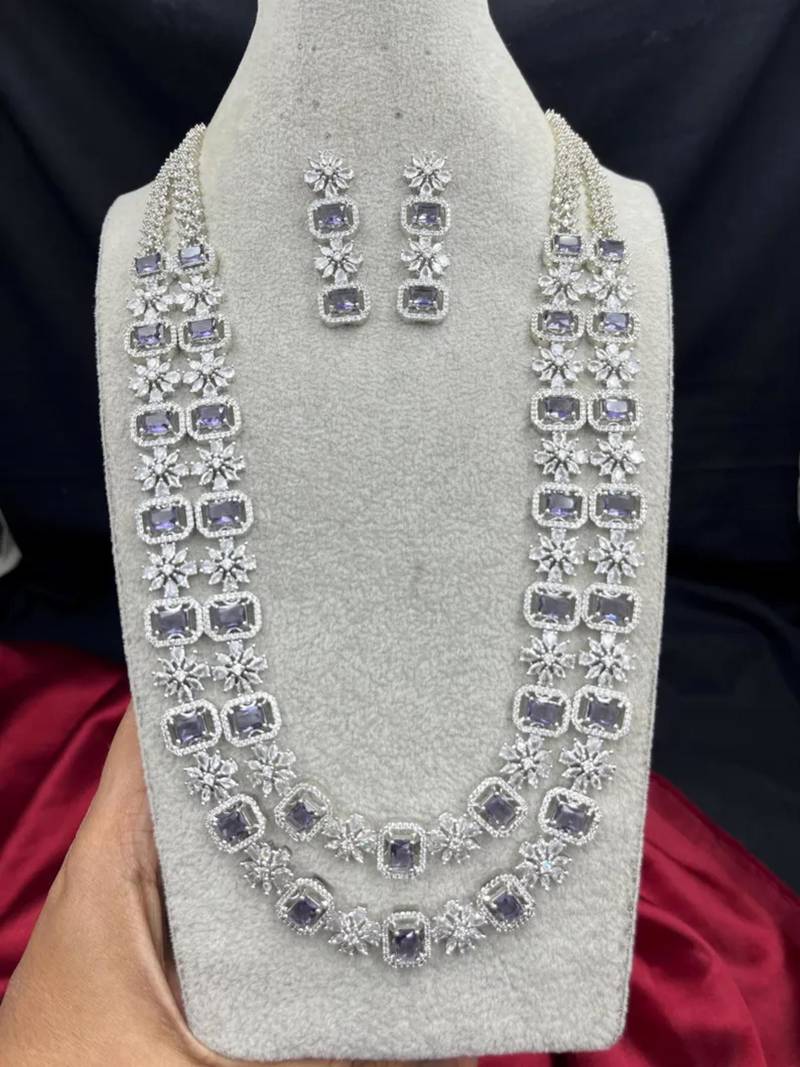 layered lavender amethyst cz necklace and earring set, indian bridal jewellery