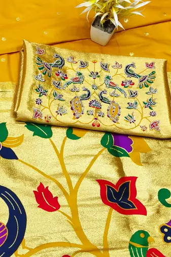 Yellow zari woven paithani silk traditional saree with swarovski blouse piece