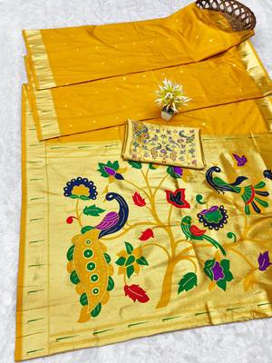 Yellow zari woven paithani silk traditional saree with swarovski blouse piece 5