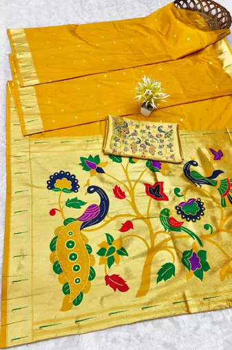 Yellow zari woven paithani silk traditional saree with swarovski blouse piece