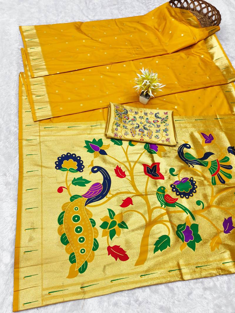 Yellow zari woven paithani silk traditional saree with swarovski blouse piece