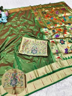 Green zari woven paithani silk traditional saree with swarovski blouse piece 1