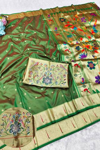Green zari woven paithani silk traditional saree with swarovski blouse piece