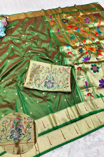 Green zari woven paithani silk traditional saree with swarovski blouse piece