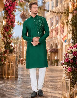 Green original mirror work viscos silk blend straight kurta 1
