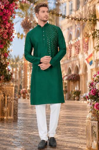 Green original mirror work viscos silk blend straight kurta