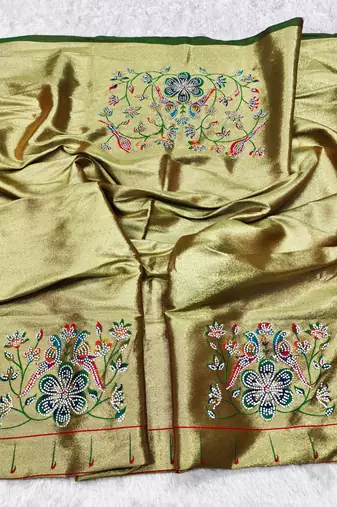 Green zari woven paithani silk traditional saree with swarovski blouse piece
