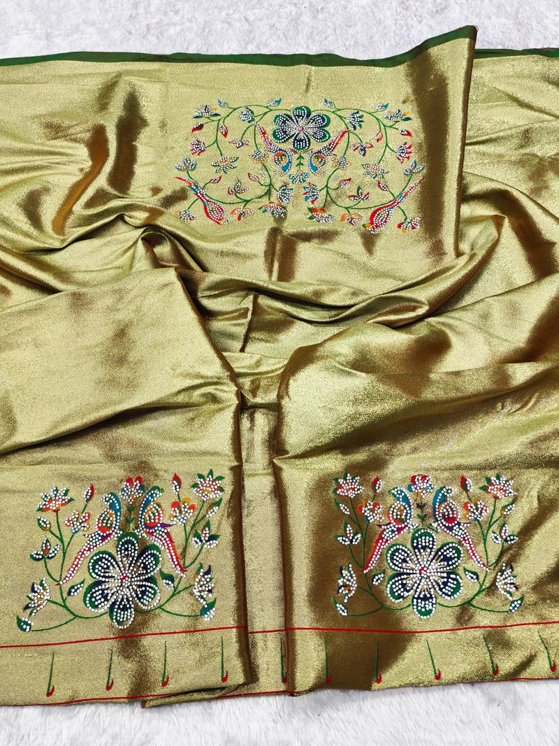 Green zari woven paithani silk traditional saree with swarovski blouse piece