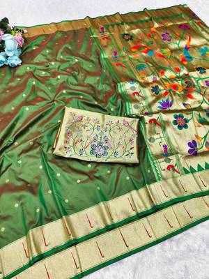 Green zari woven paithani silk traditional saree with swarovski blouse piece 4