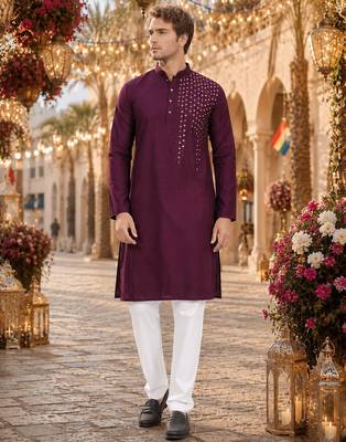 Purple original mirror work viscos silk blend straight kurta 1