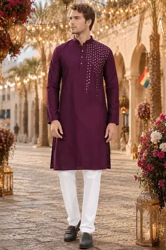 Purple original mirror work viscos silk blend straight kurta