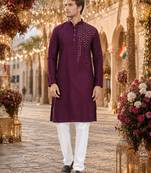 Purple original mirror work viscos silk blend straight kurta