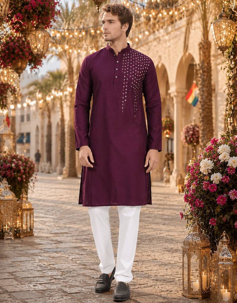 Purple original mirror work viscos silk blend straight kurta