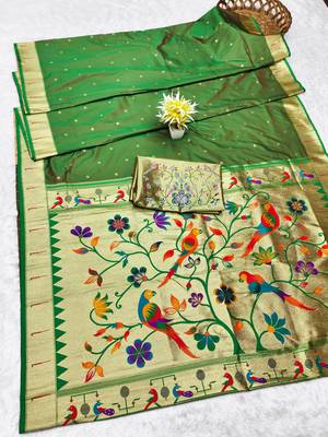Green zari woven paithani silk traditional saree with swarovski blouse piece 5