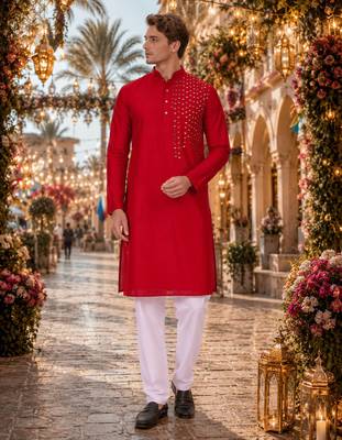 Red original mirror work viscos silk blend straight kurta 1