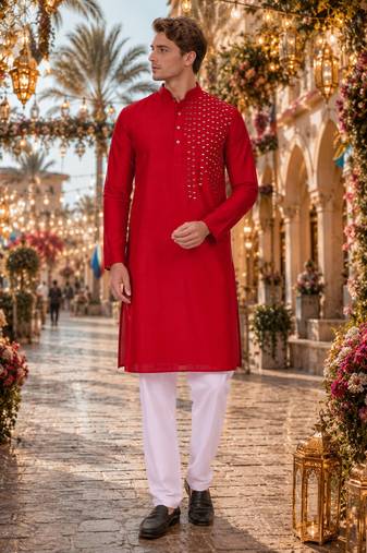 Red original mirror work viscos silk blend straight kurta