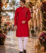 Red original mirror work viscos silk blend straight kurta