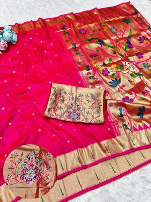 Pink zari woven paithani silk traditional saree with swarovski blouse piece 1