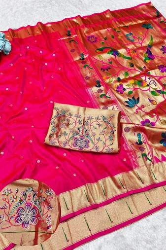 Pink zari woven paithani silk traditional saree with swarovski blouse piece