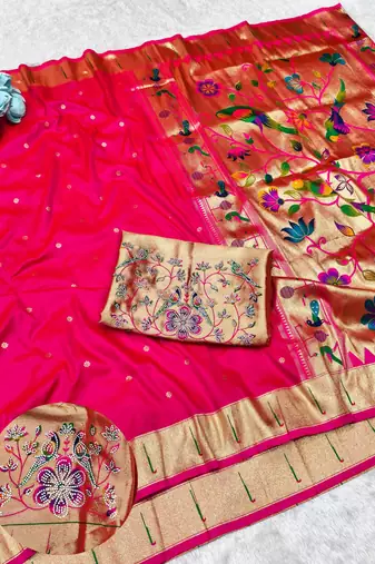 Pink zari woven paithani silk traditional saree with swarovski blouse piece