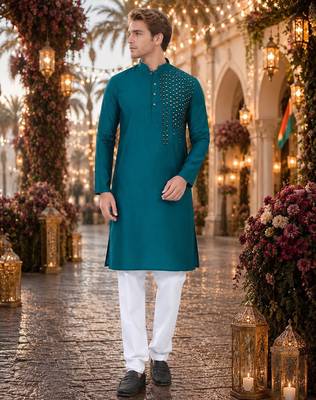 Teal original mirror work viscos silk blend straight kurta 1