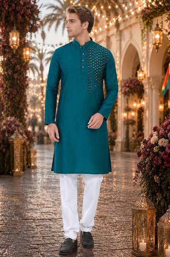 Teal original mirror work viscos silk blend straight kurta
