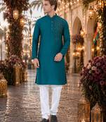 Teal original mirror work viscos silk blend straight kurta