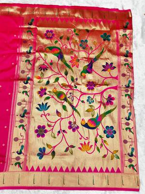 Pink zari woven paithani silk traditional saree with swarovski blouse piece 2