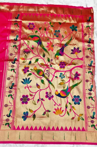 Pink zari woven paithani silk traditional saree with swarovski blouse piece