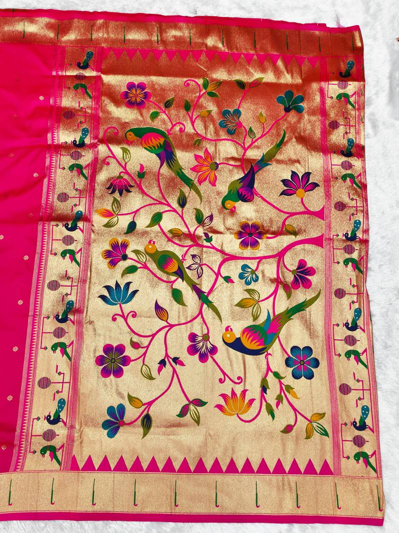 Pink zari woven paithani silk traditional saree with swarovski blouse piece