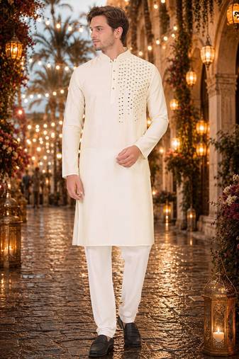 White original mirror work viscos silk blend straight kurta
