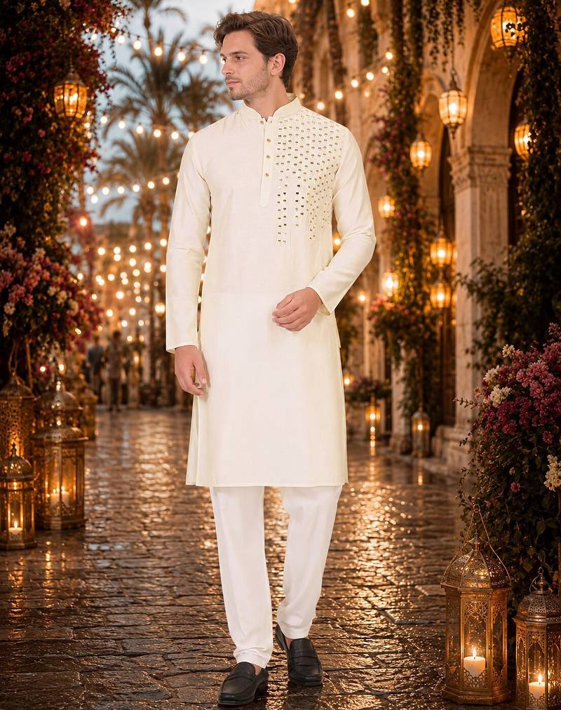 White original mirror work viscos silk blend straight kurta