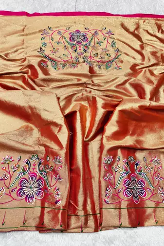 Pink zari woven paithani silk traditional saree with swarovski blouse piece