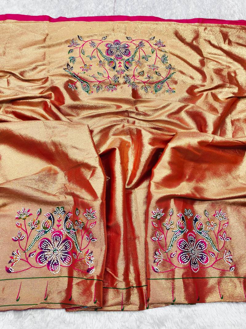 Pink zari woven paithani silk traditional saree with swarovski blouse piece