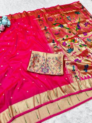 Pink zari woven paithani silk traditional saree with swarovski blouse piece 4