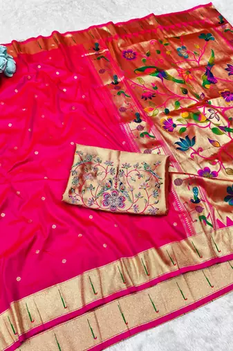 Pink zari woven paithani silk traditional saree with swarovski blouse piece